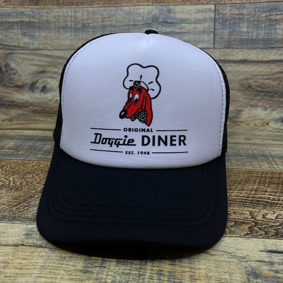 Doggie Diner Mens Trucker Hat Black Snapback 1960s Vintage Logo Baseball Cap - Picture 2 of 8